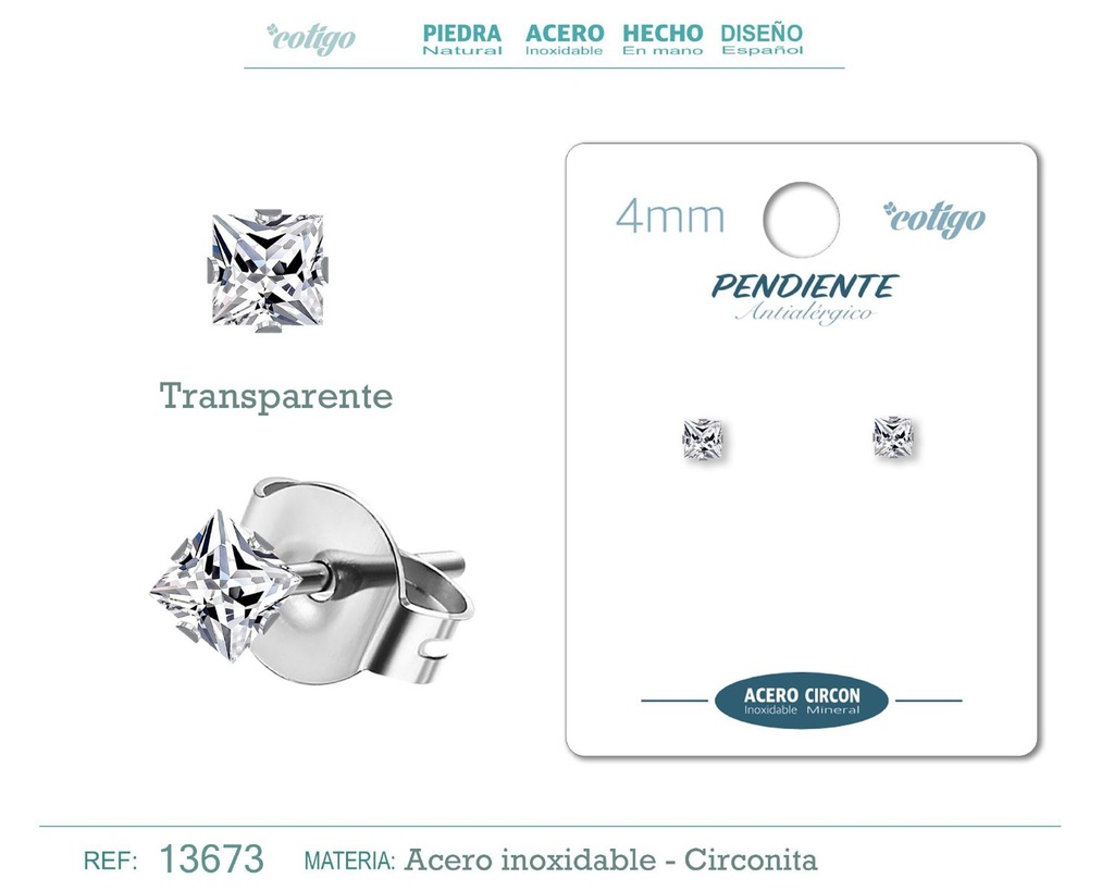 Pendiente cuadrado de circonita transparente 4mm con base de acero plateado - Joyería y accesorios elegantes