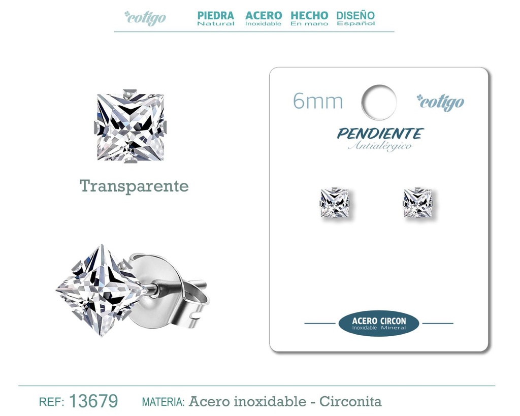 Pendiente cuadrado de circonita transparente 6mm con base de acero plateado - Joyería y accesorios elegantes