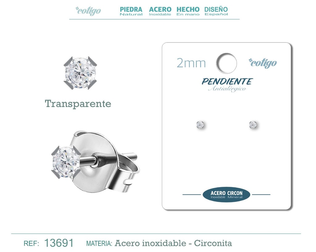 Pendiente redondo de circonita transparente 2mm con base de acero plateado - Joyería y accesorios elegantes