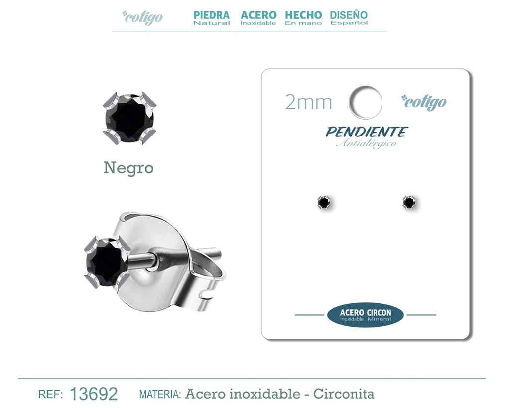 Pendiente redondo de circonita negra 2mm con base de acero plateado - Joyería y accesorios elegantes