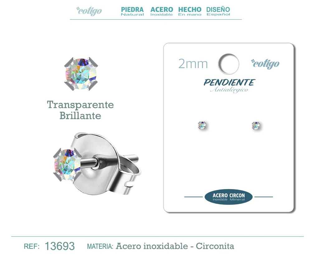 Pendiente redondo de circonita brillante 2mm con base de acero plateado - Joyería y accesorios elegantes