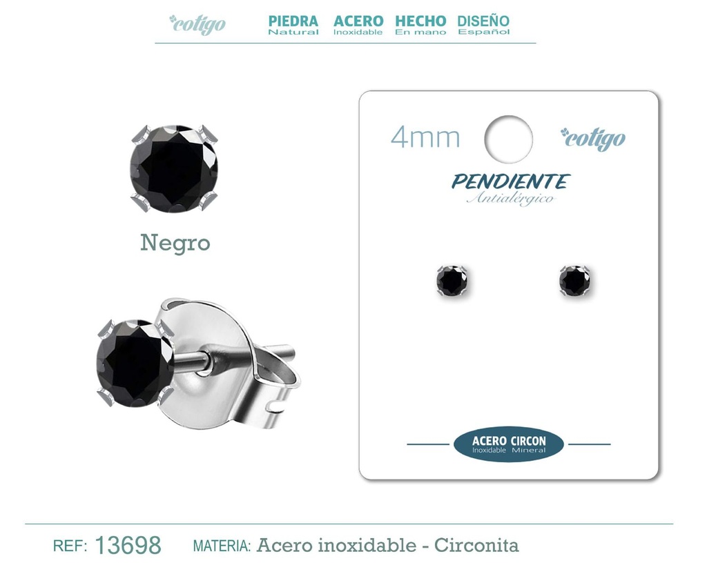 Pendiente redondo de circonita negra 4mm con base de acero plateado - Joyería y accesorios elegantes