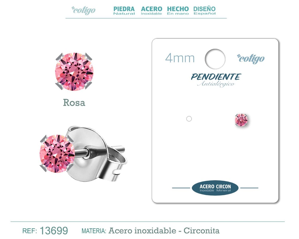 Pendiente redondo de circonita rosa 4mm con base de acero plateado - Joyería y accesorios elegantes