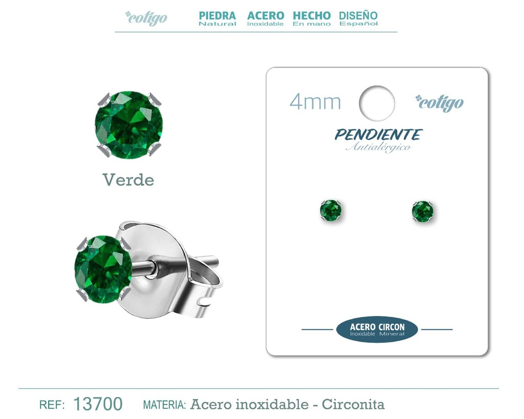Pendiente redondo de circonita verde 4mm con base de acero plateado - Joyería y accesorios elegantes