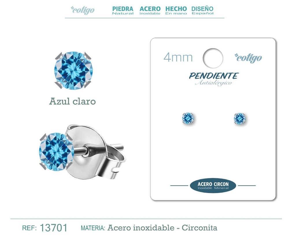 Pendiente redondo de circonita azul claro 4mm con base de acero plateado - Joyería de circonita