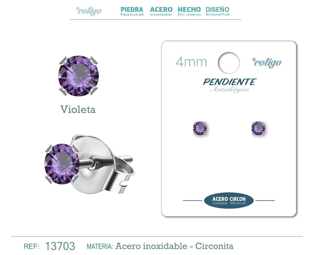 Pendiente redondo de circonita violeta 4mm con base de acero plateado - Joyería y accesorios elegantes