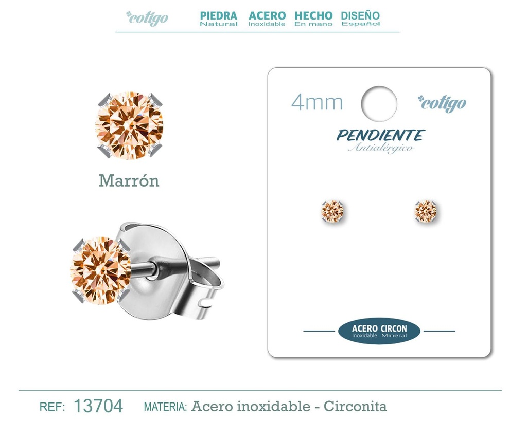 Pendiente redondo de circonita marrón 4mm con base de acero plateado - Joyería y accesorios elegantes