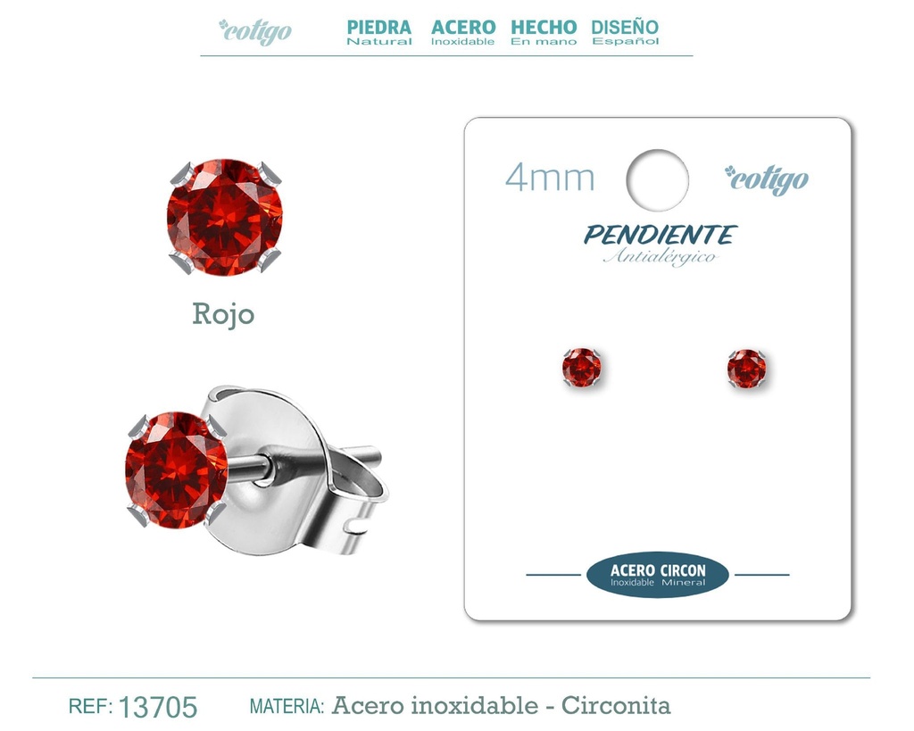 Pendiente redondo de circonita rojo 4mm con base de acero plateado - Joyería de circonita