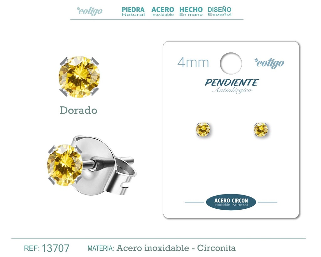 Pendiente redondo de circonita dorada 4mm con base de acero plateado - Joyería y accesorios elegantes