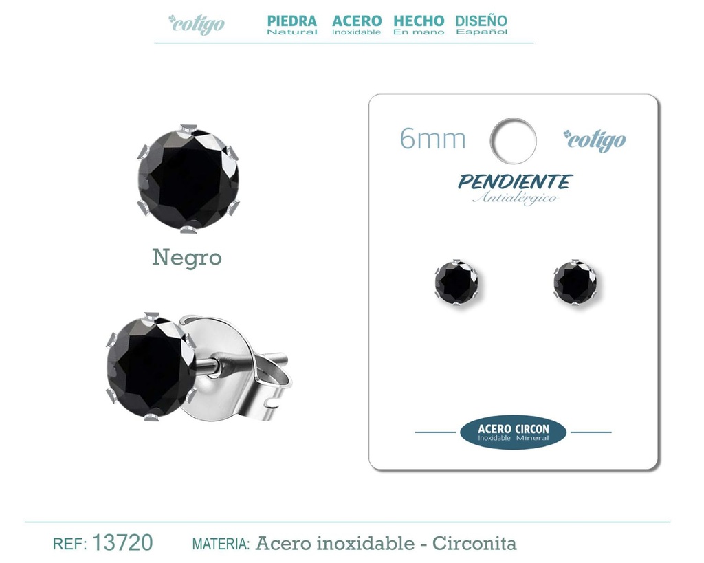 Pendiente redondo de circonita negra 6mm con base de acero plateado - Joyería y accesorios elegantes