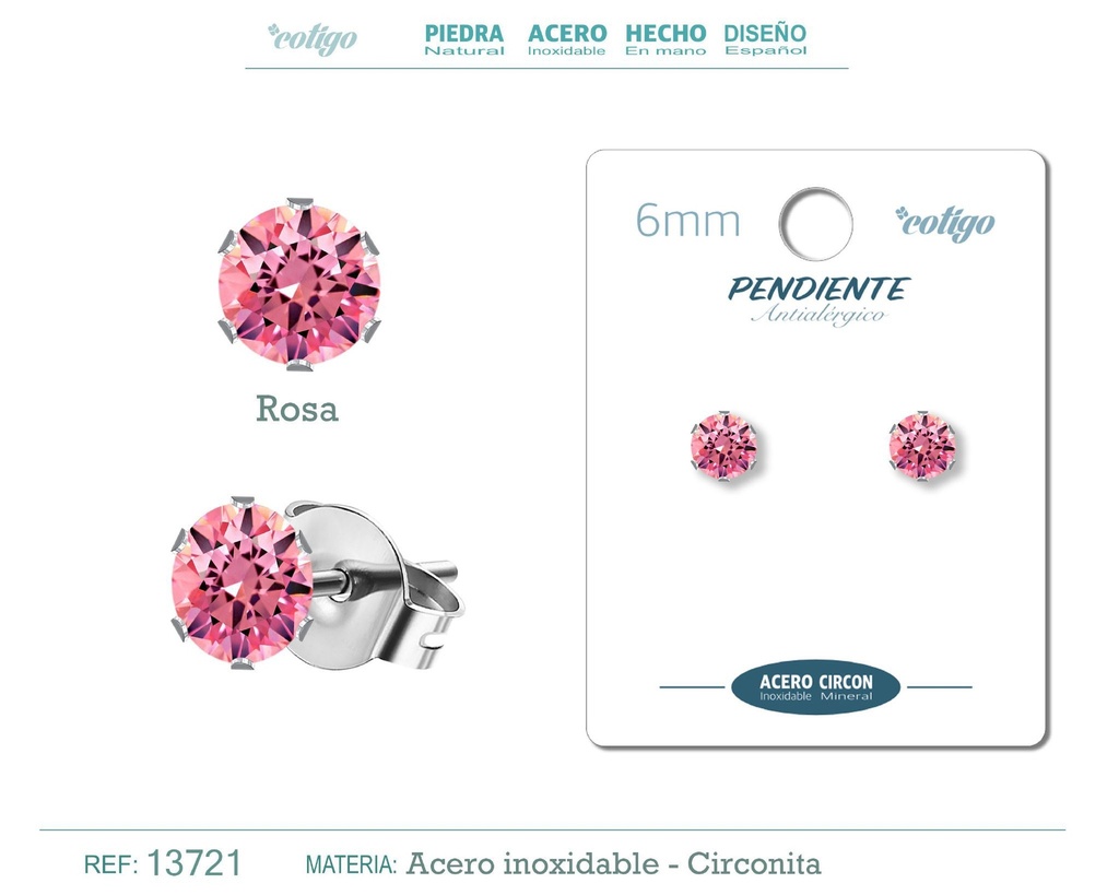 Pendiente redondo de circonita rosa 6mm con base de acero plateado - Joyería de circonita