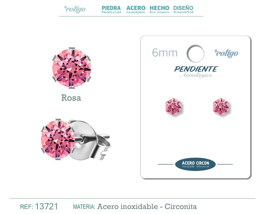 Pendiente redondo de circonita rosa 6mm con base de acero plateado - Joyería y accesorios elegantes