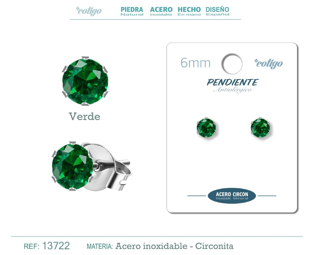 Pendiente redondo de circonita verde 6mm con base de acero plateado - Joyería y accesorios elegantes