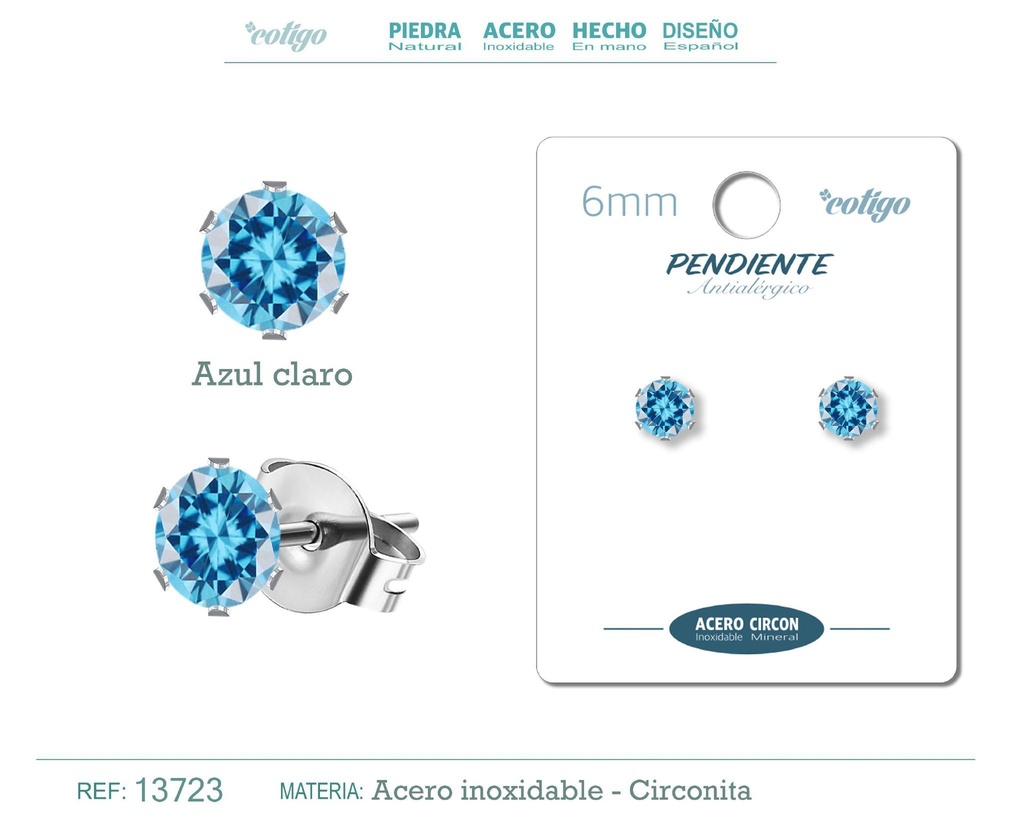 Pendiente redondo de circonita azul claro 6mm con base de acero plateado - Joyería de circonita
