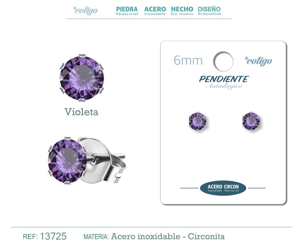 Pendiente redondo de circonita violeta 6mm con base de acero plateado - Joyería y accesorios elegantes