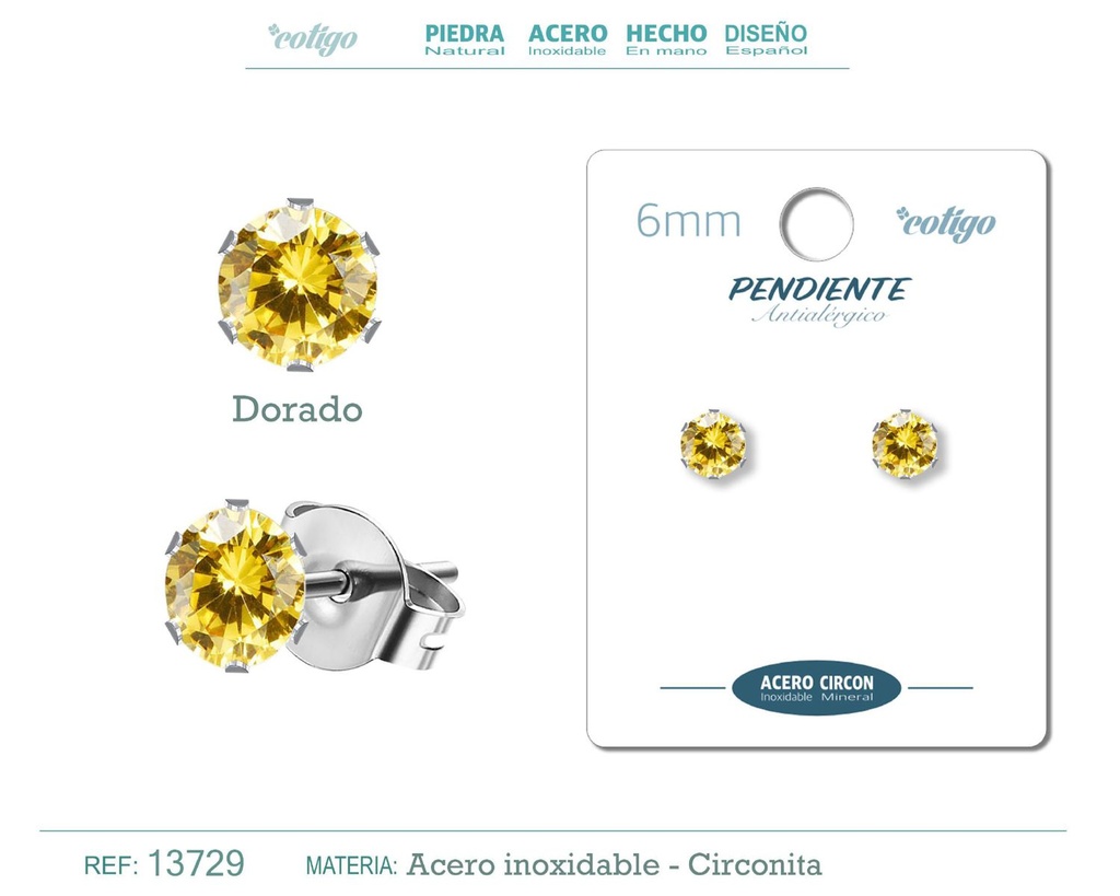 Pendiente redondo de circonita dorada 6mm con base de acero plateado - Joyería y accesorios elegantes