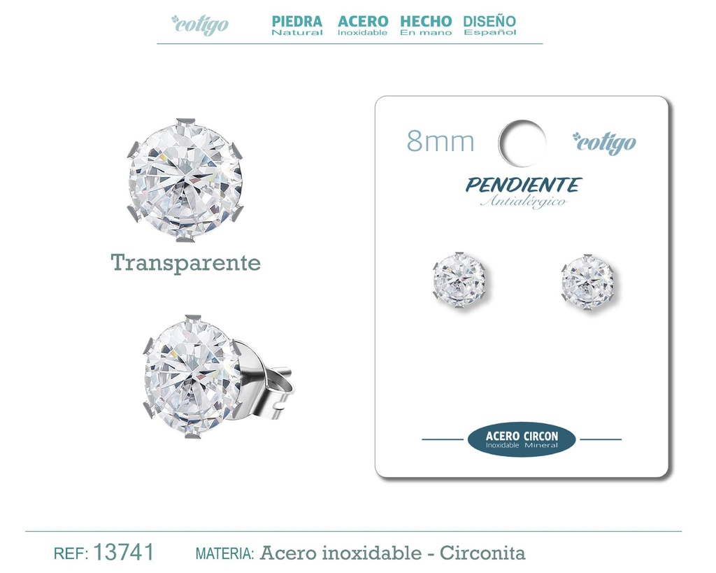 Pendiente redondo de circonita transparente 8mm con base de acero plateado - Joyería de circonita