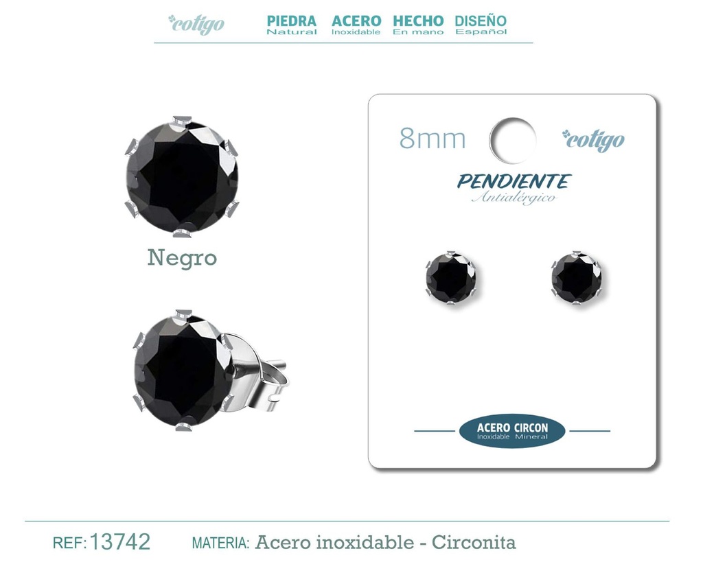 Pendiente redondo de circonita negra 8mm con base de acero plateado - Joyería y accesorios elegantes