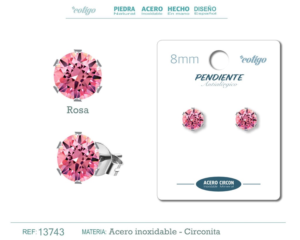 Pendiente redondo de circonita rosa 8mm con base de acero plateado - Joyería y accesorios elegantes