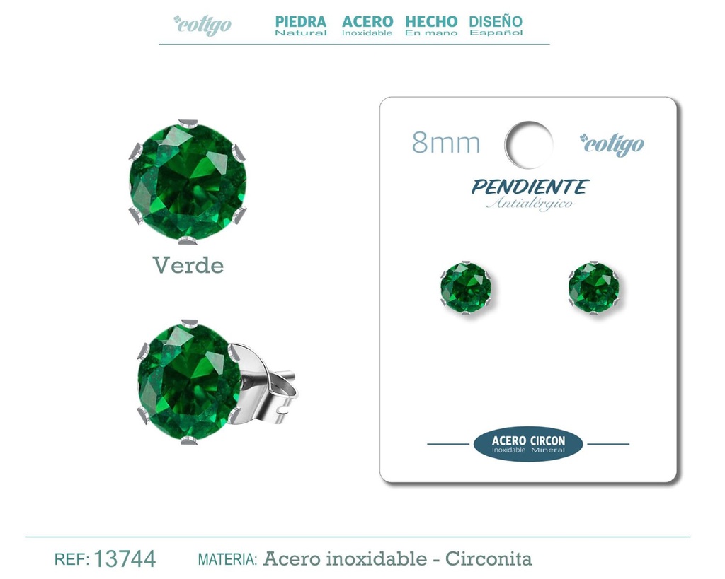 Pendiente redondo de circonita verde 8mm con base de acero plateado - Joyería y accesorios elegantes