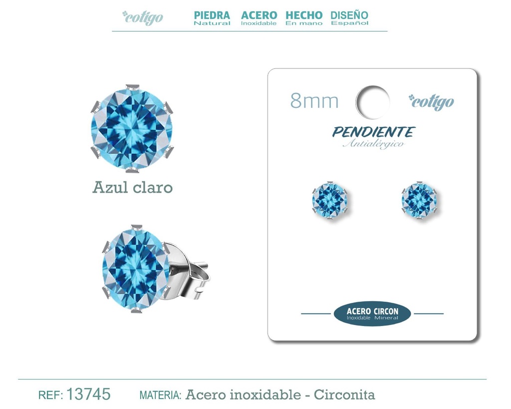 Pendiente redondo de circonita azul claro 8mm con base de acero plateado - Joyería y accesorios elegantes