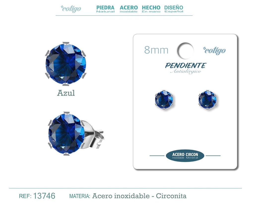 Pendiente redondo de circonita azul 8mm con base de acero plateado - Joyería y accesorios elegantes