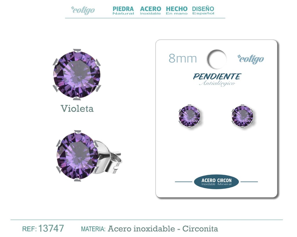 Pendiente redondo de circonita violeta 8mm con base de acero plateado - Joyería y accesorios elegantes