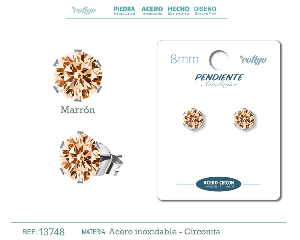 Pendiente redondo de circonita marrón 8mm con base de acero plateado - Joyería y accesorios elegantes