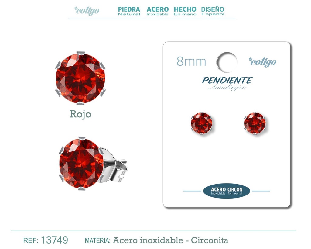 Pendiente redondo de circonita roja 8mm con base de acero plateado - Joyería y accesorios elegantes