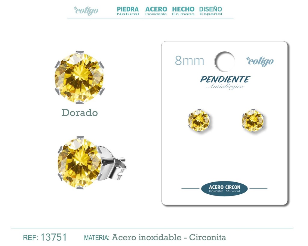 Pendiente redondo de circonita dorada 8mm con base de acero plateado - Joyería y accesorios elegantes