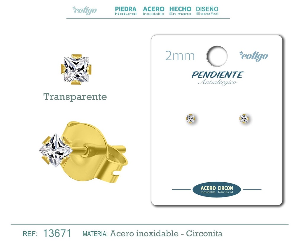 Pendiente cuadrado de circonita transparente 2mm con base de acero dorado - Joyería y accesorios elegantes