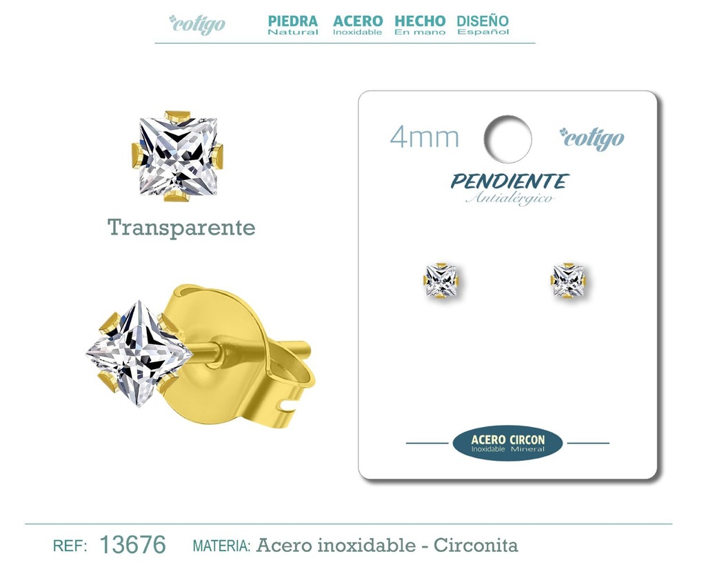 Pendiente cuadrado de circonita transparente 4mm con base de acero dorado - Joyería y accesorios elegantes