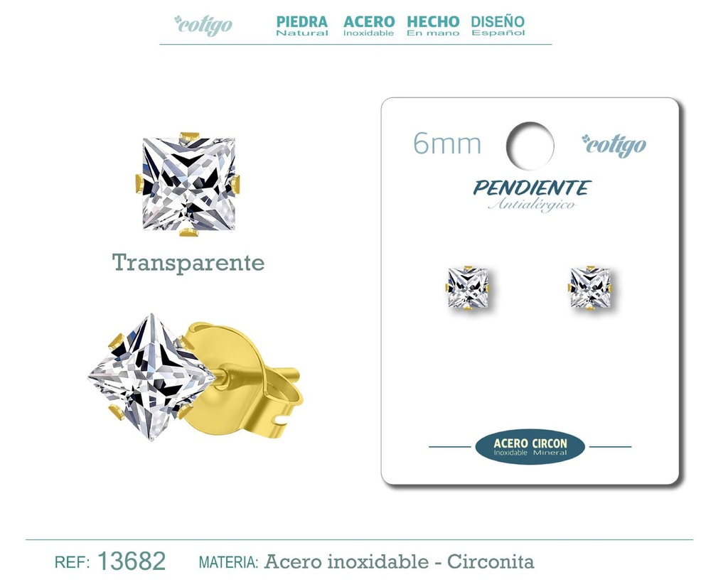 Pendiente cuadrado de circonita transparente 6mm con base de acero dorado - Joyería y accesorios elegantes