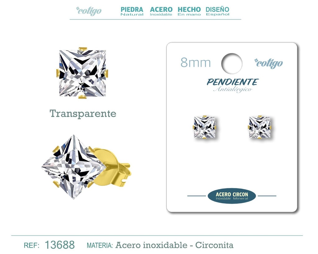 Pendiente cuadrado de circonita transparente 8mm con base de acero dorado - Joyería y accesorios elegantes