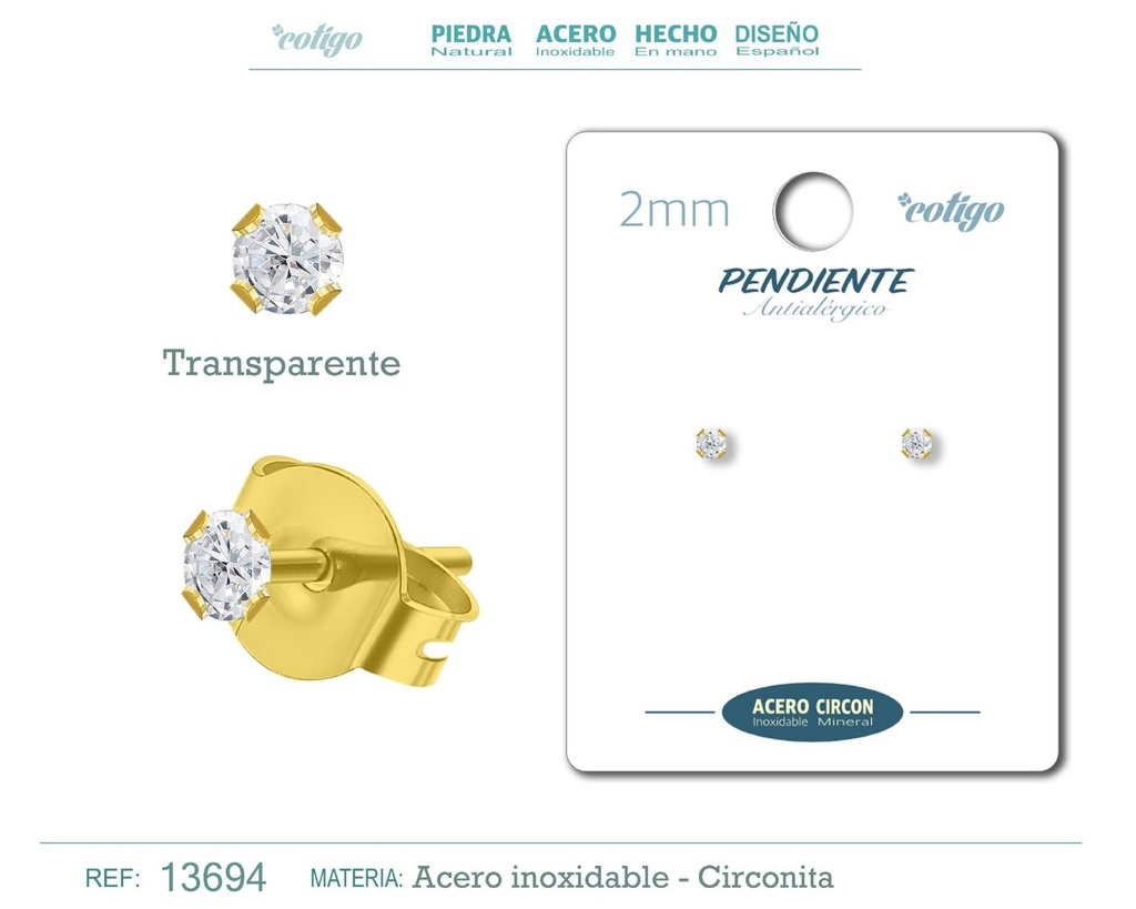 Pendiente redondo de circonita transparente 2mm con base de acero dorado - Joyería y accesorios elegantes