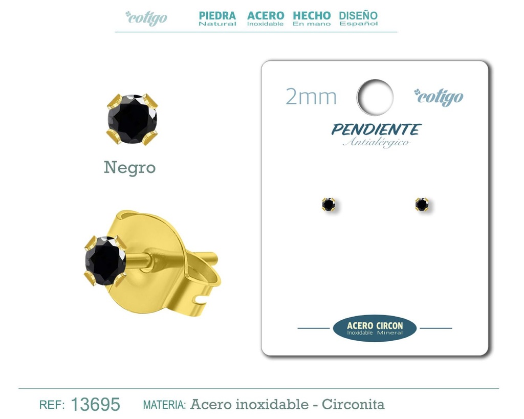 Pendiente redondo de circonita negra 2mm con base de acero dorado - Joyería y accesorios elegantes