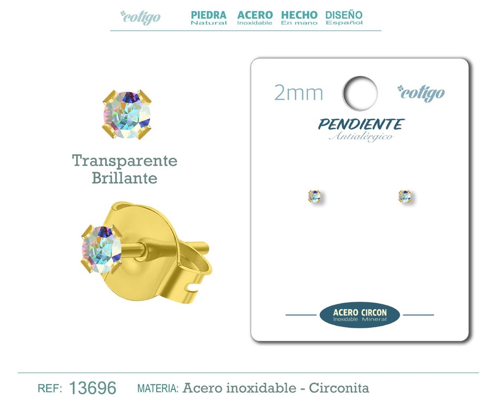 Pendiente redondo de circonita brillante 2mm con base de acero dorado - Joyería y accesorios elegantes