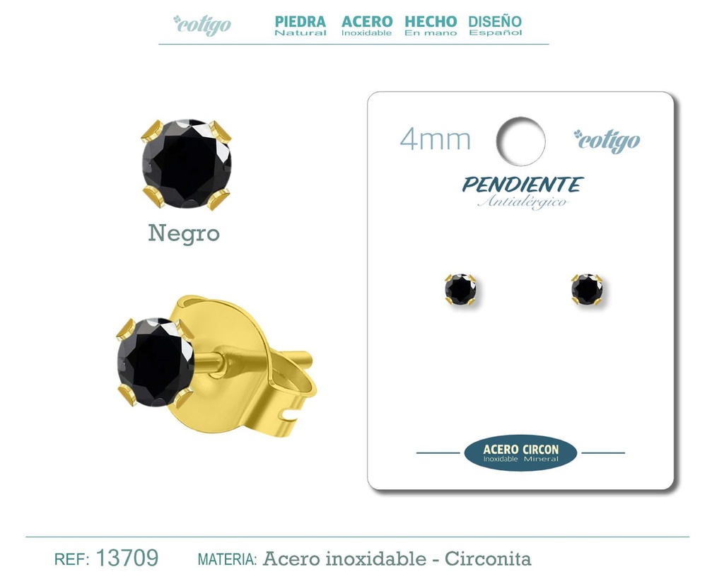 Pendiente redondo de circonita negra 4mm con base de acero dorado - Joyería y accesorios elegantes