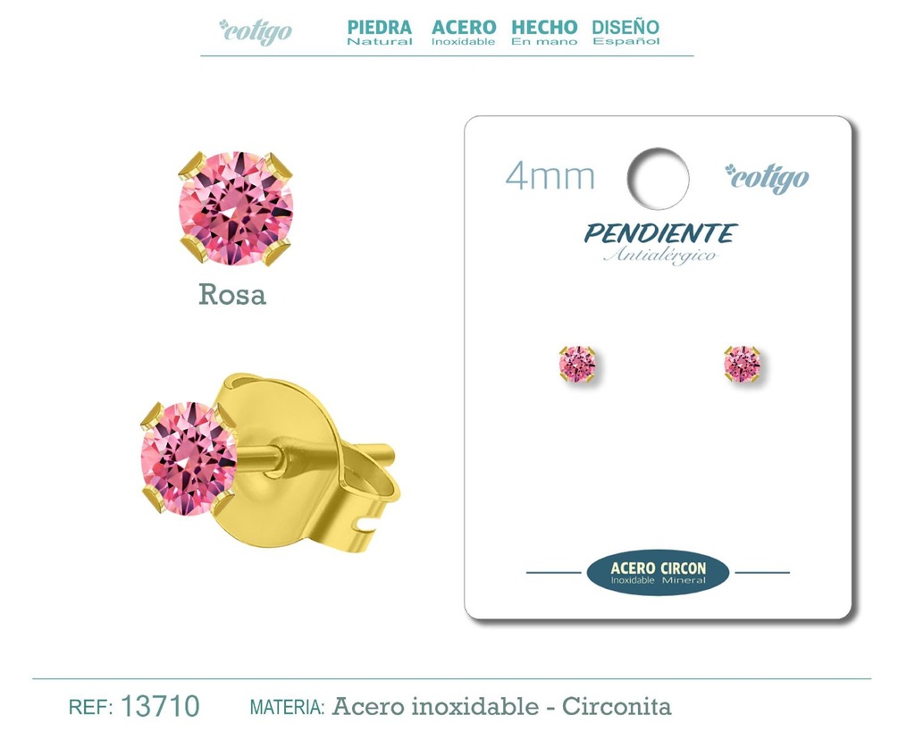 Pendiente redondo de circonita rosa 4mm con base de acero dorado - Joyería y accesorios elegantes