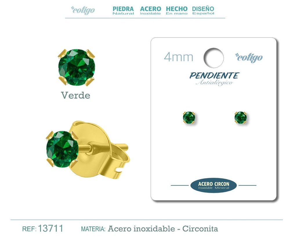 Pendiente redondo de circonita verde 4mm con base de acero dorado - Joyería y accesorios elegantes