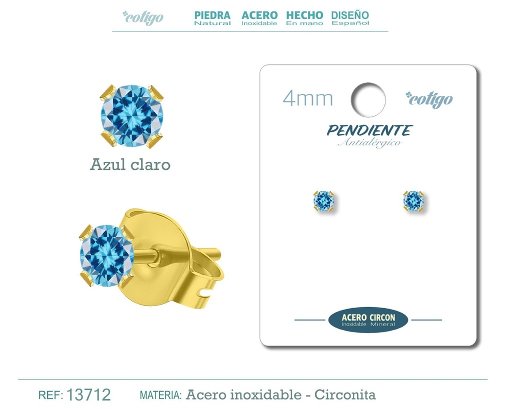 Pendiente redondo de circonita azul claro 4mm con base de acero dorado - Joyería y accesorios elegantes