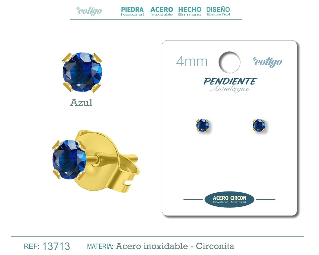 Pendiente redondo de circonita azul 4mm con base de acero dorado - Joyería y accesorios elegantes