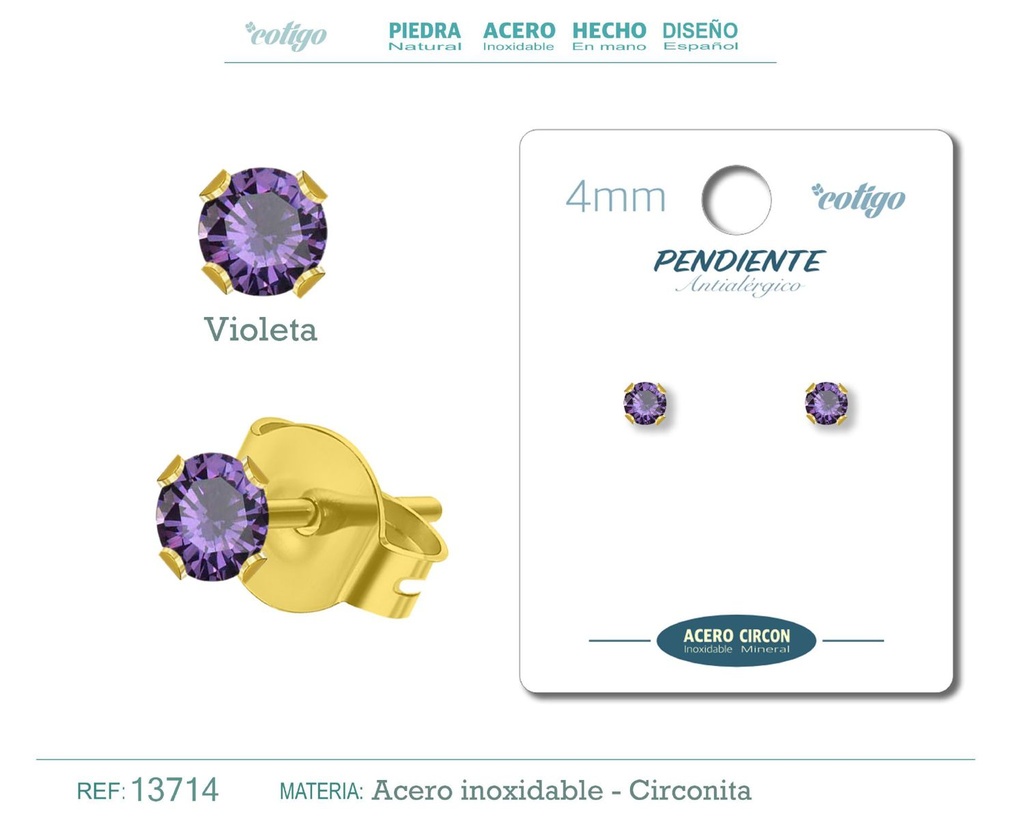 Pendiente redondo de circonita violeta 4mm con base de acero dorado - Joyería y accesorios elegantes