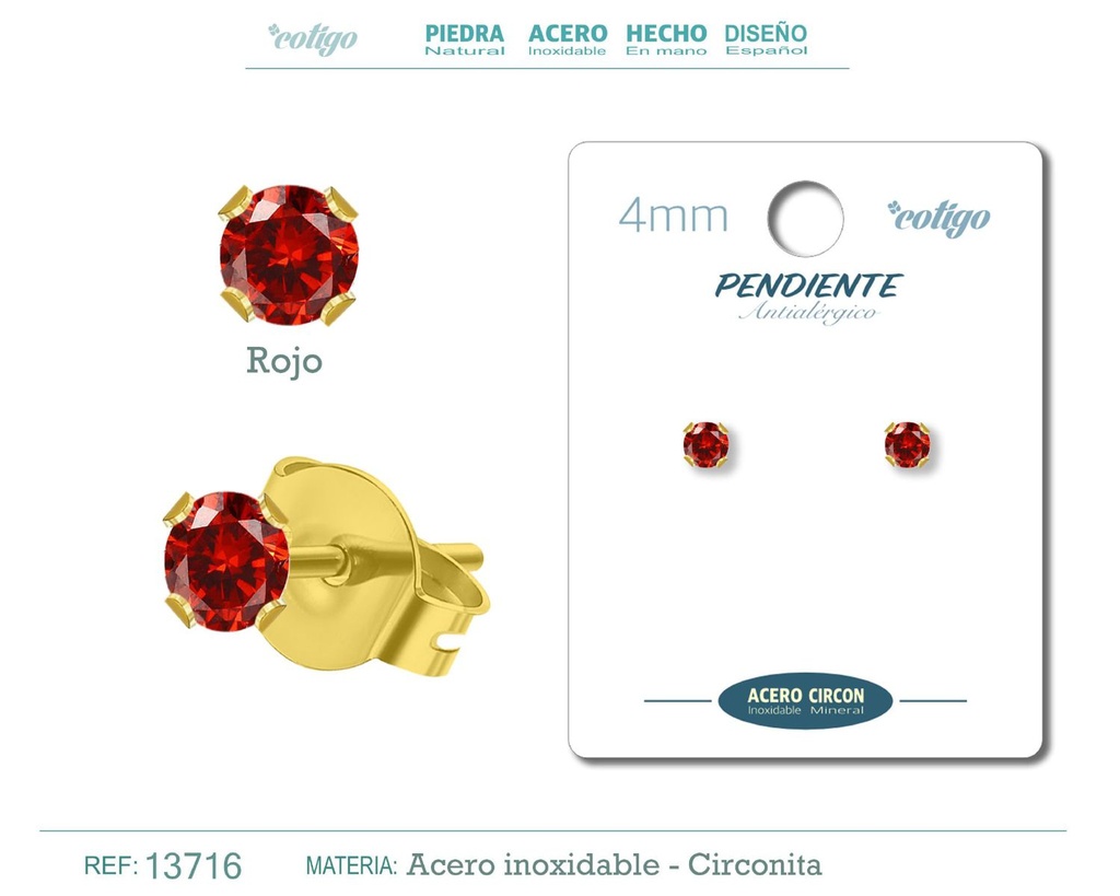 Pendiente redondo de circonita roja 4mm con base de acero dorado - Joyería y accesorios elegantes