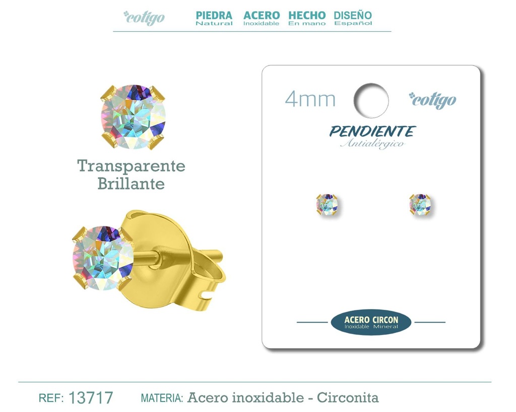 Pendiente redondo de circonita brillante 4mm con base de acero dorado - Joyería y accesorios elegantes