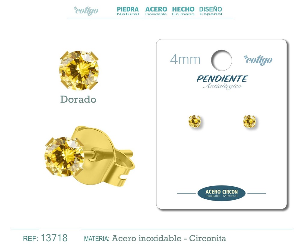 Pendiente redondo de circonita dorada 4mm con base de acero dorado - Joyería y accesorios elegantes