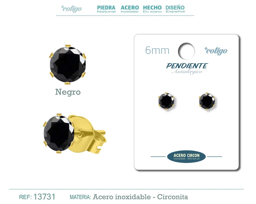 Pendiente redondo de circonita negra 6mm con base de acero dorado - Joyería y accesorios elegantes