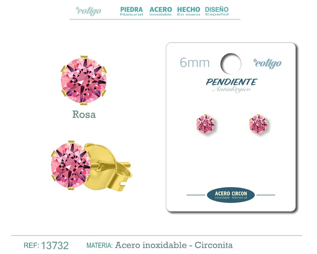 Pendiente redondo de circonita rosa 6mm con base de acero dorado - Joyería y accesorios elegantes