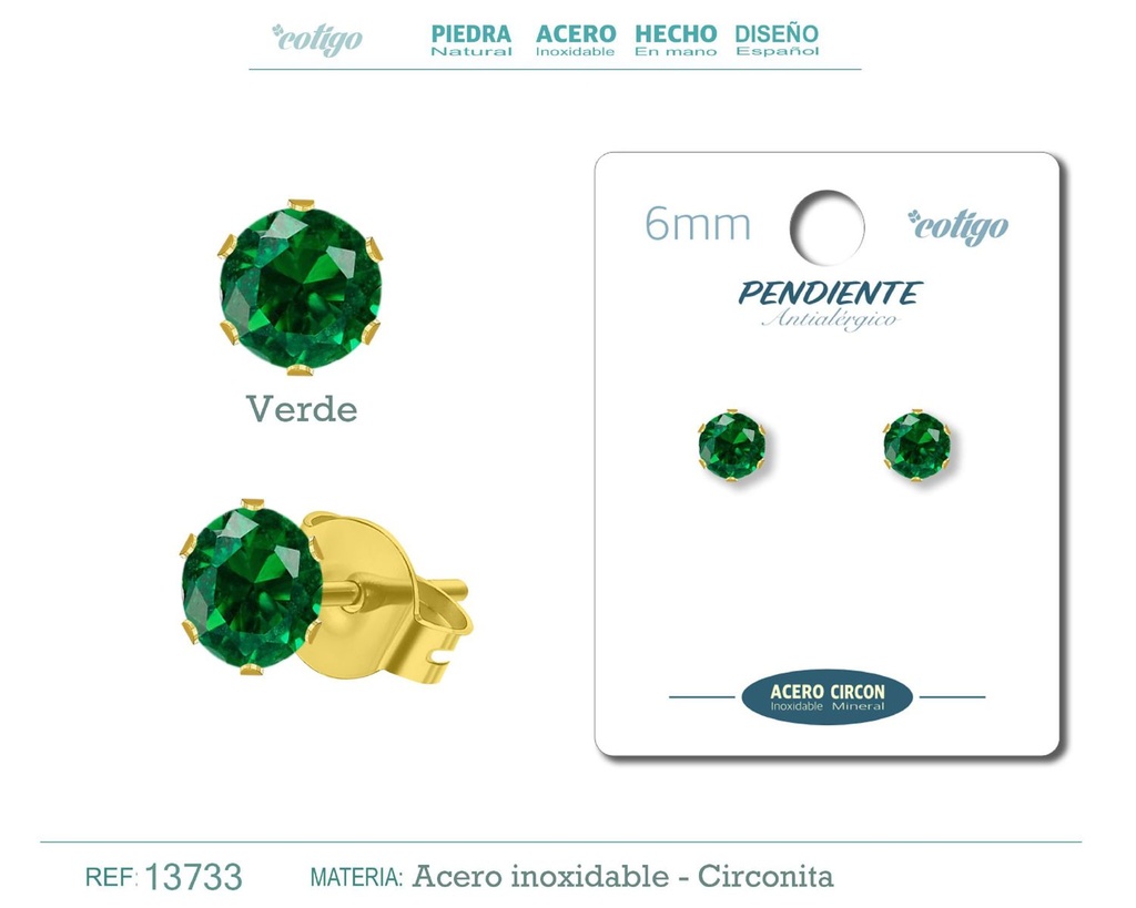 Pendiente redondo de circonita verde 6mm con base de acero dorado - Joyería y accesorios elegantes