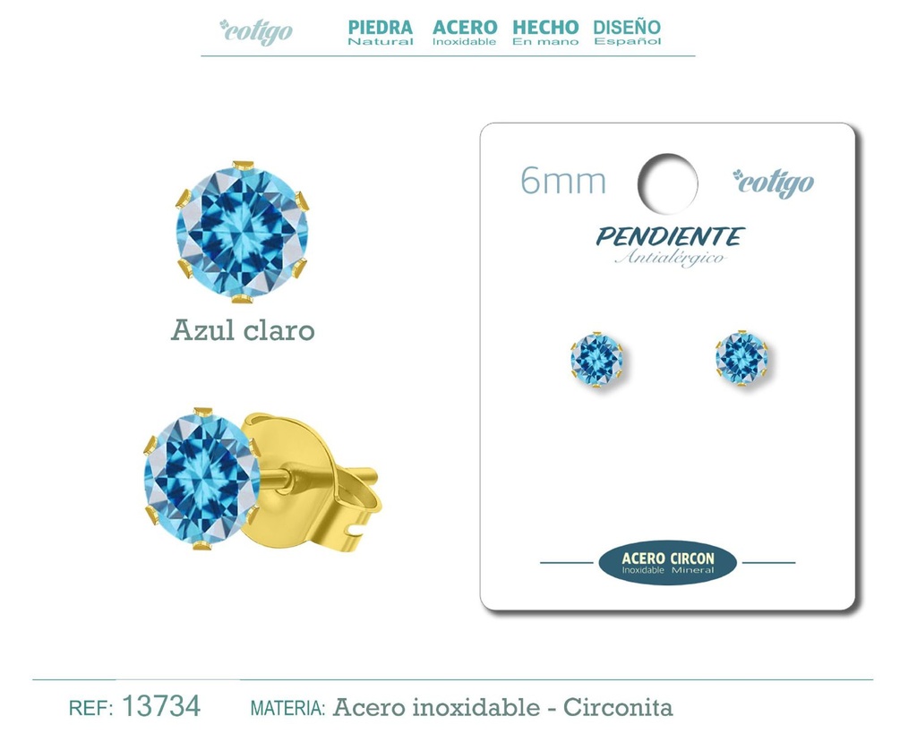 Pendiente redondo de circonita azul claro 6mm con base de acero dorado - Joyería y accesorios elegantes